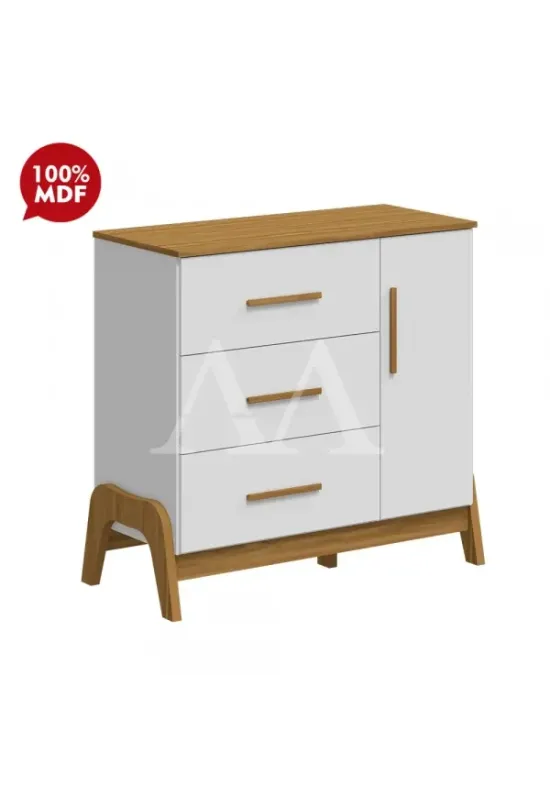 COMODA 3G 1P. ABRIR PEROBA GUTI RETRO BRANCO BRILHO/AMENDOA